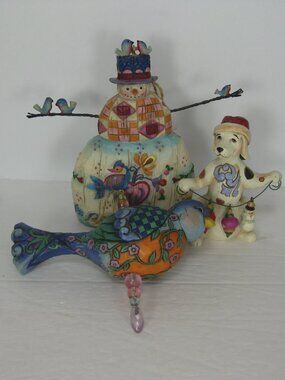 Jim Shore Christmas Ornament Figure Lot of 3 Snowman Dog Bird